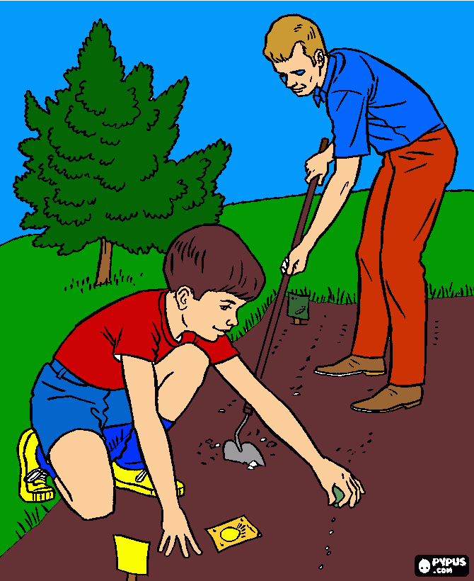 kolorowanka Ojciec i syn w ogrodzie - Antoni Ć