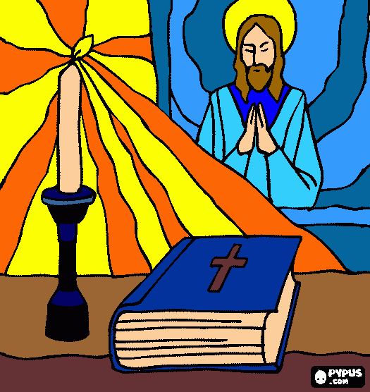 kolorowanka kolorowanka Biblia i zapalił świeczkę na ołtarz z obrazem Jezusa w tle