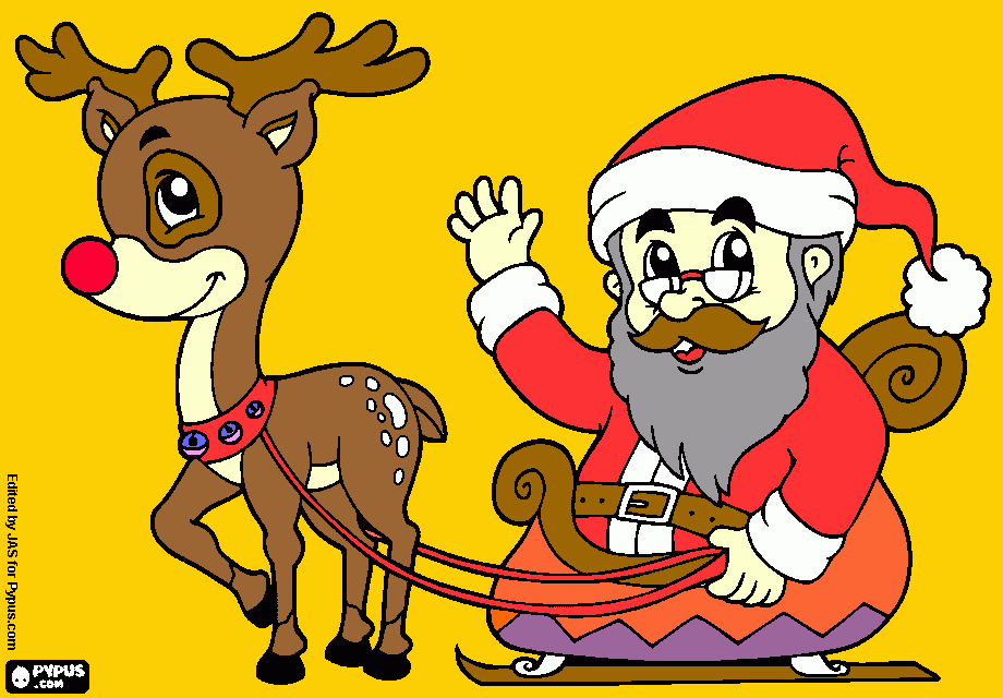 kolorowanka mikołaj w saniach i ciagnący go rudolf