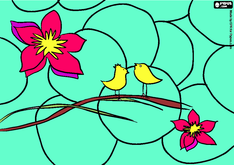 kolorowanka Ptaki, kwiaty, wiosną