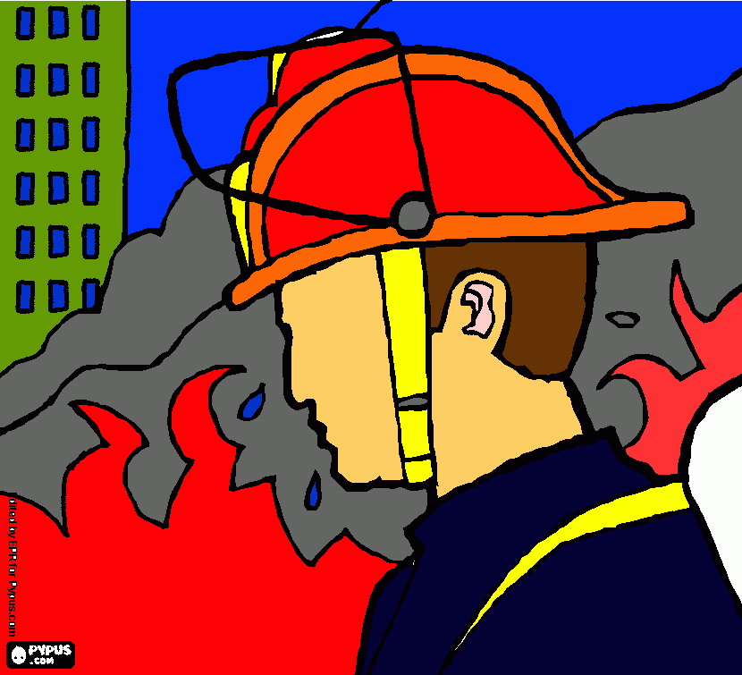kolorowanka strażak w dużym  ogniu