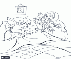 kolorowanka Czerwony Kapturek z bukietem