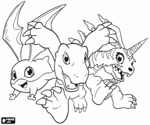 kolorowanka Digimon: Patamon, Agumona i Gabumon