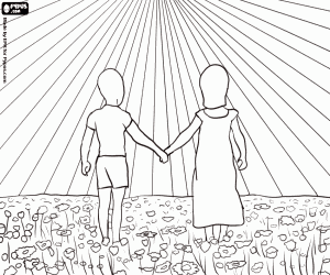 kolorowanka Dwoje dzieci ciesząc się na wiosnę