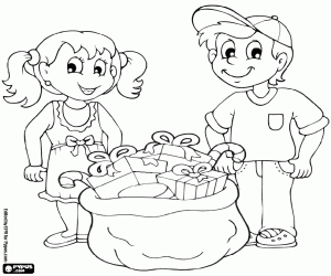 kolorowanka Dzieci i Boże Narodzenie prezentów worek