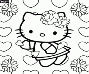 kolorowanka Hello Kitty wśród kwiatów i serca
