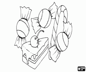 kolorowanka Kawałek ciasta i cukierki
