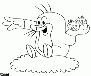 kolorowanka Krecik z truskawkami w dłoni