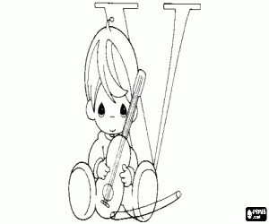 kolorowanka Mały chłopiec i skrzypce z litera V