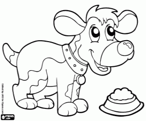 kolorowanka Mały pies szczęśliwy z żywnością