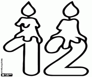 kolorowanka Numer dwanaście i świeczki na urodzinowym torcie