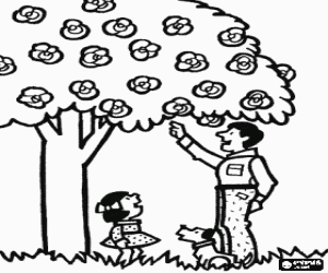 kolorowanka Ojciec, córka i kwitnących drzew