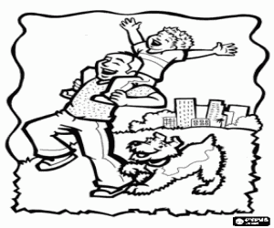 kolorowanka Ojciec, syn i psa w parku