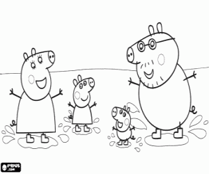kolorowanka Peppa Pig w rodzinie i kałuże