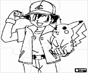 kolorowanka Puzzle z Ash i Pikachu