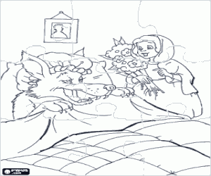 kolorowanka Puzzle Czerwony Kapturek i bukiet kwiatów