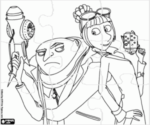 kolorowanka Puzzle z Gru i Lucy w akcji