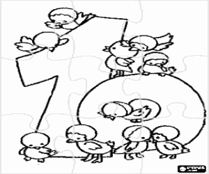 kolorowanka Puzzle z numerem dziesięć i ptaki