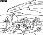 Grupa mężczyzn neandertalczyka pod ochroną schronisko rock, osób realizacji różnych działań: kamienie chartting, przygotowujących się do polowania i kobiety karmiące