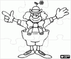 Puzzle z clown z pełnym stroju błazna, kapelusz z kwiatem, peruki, rękawice, krawat, spodnie duże i wielkie buty