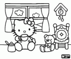 Hello Kitty picia z kubka przed okno z jej misia Tiny Chum