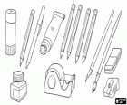 Przybory szkolne, artykuły szkolne: klej, kredki, pióro, pędzel, pióro i atrament orzeczenia, gumka, temperówka ołówek, taśma klejąca