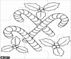 Dekorację świąteczną puzzle. Puzzle z laski cukierki z kilka gałązek ostrokrzewu