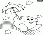 Kirby z parasolem latające wśród gwiazd i tęczę