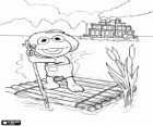 Dziecko Kermit Żaba jako Tom Sawyer i Huckleberry Finn na tratwie z drewna w dół starego Mississippi