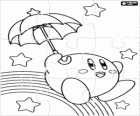 Puzzle Kirby z parasolem latające wśród gwiazd i tęczę