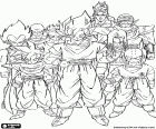 Grupa znaków Dragon Ball, w tym Son Gohan, Son Goku, Krilin i Vegeta