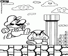 Scena gier Super Mario. Bohaterem filmu jest Mario, skoki nad jego wrogiem Goomba pod spojrzeniem uśmiechający się chmury