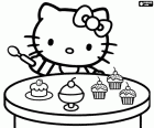 Hello Kitty z łyżką w ręku gotowe jeść niektórych pyszne babeczki. Hello Kitty uwielbia słodycze, ona jest bardzo chciwi