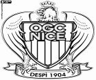 Tarcza z Olympique Gymnaste Club de Nice Côte d'Azur, OGC Nice, klub piłkarski z siedzibą w mieście Nicea, miasto turystyczne z wybrzeża Morza Śródziemnego na Lazurowym Wybrzeżu, stolicy Francji, w regionie Rodan-Alpy, w południowo-wschodniej Francji departamencie Alpes-Maritimes