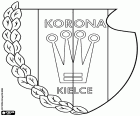 Tarczy z Korony Kielce, Korona Spółka Akcyjna, klub piłkarski z siedzibą w Kielcach, miasta nad rzeka Silnica w Województwo świętokrzyskie, w centralnej części południowo-wschodniej Polsce