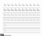 Robić ćwiczenia kaligrafii z litery T i A, TA, pierwsza sylaba z literą T i pięć samogłosek