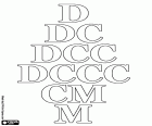 Dydaktyczne arkusz z cyfry rzymskie, 500 D, sześćset DC, siedemset DCC, osiemset DCCC, dziewięćset CM i tysięcy M