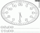 5:30 i 17:30, to wpół do szóstej rano lub po południu, pięć godzin i trzydzieści minut, w kolorowanki do nauki godzin