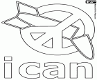 Logo ICAN, Nagroda Nobla w Pokoju 2017 r. Międzynarodowa kampania na rzecz zniesienia broni jądrowej otrzymał pokojową Nagrodę Nobla w 2017 roku. ICAN, inicjały Angielska nazwa, international campaign to abolish nuclear weapons. Logo symbolizuje bombę atomową zdezaktywowaną symbolem pokoju