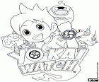 Logo i główne postacie z Yo-kai Watch: Nate, Whisper, Jibanyan i Komasan