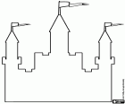 Zarys dużego zamku z trzema wieżami z flagami na szczycie