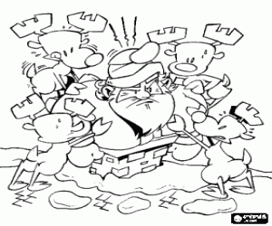 kolorowanka Renifery spychając Santa Claus