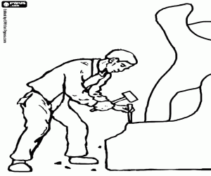 kolorowanka Rzeźbiarz rzeźbi kamień