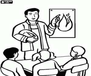 kolorowanka Strażak z dziećmi szkoły