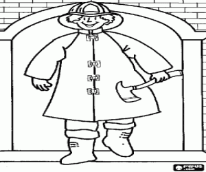 kolorowanka Strażak z siekierą i budynku