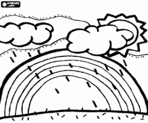 kolorowanka Słońce, chmury, deszcz i tęcza