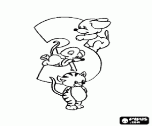 kolorowanka Trzech zwierząt i numer trzy