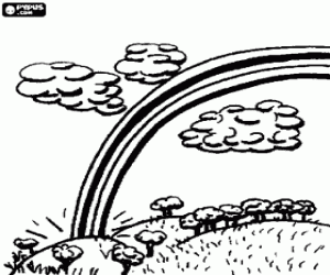 kolorowanka Tęcza w niebo z chmurami