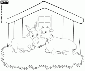 kolorowanka Wół i mule w stajni