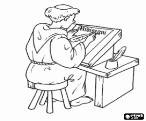 kolorowanka Średniowieczny mnich z pergaminu